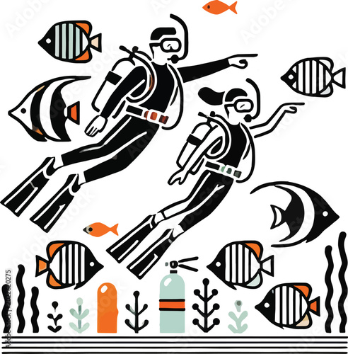 Foto Divers swimming with tropical fish diving scuba