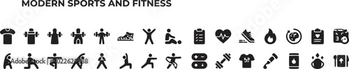 Photos Modern sports and fitness icons set featuring black silhouette glyphs of gym