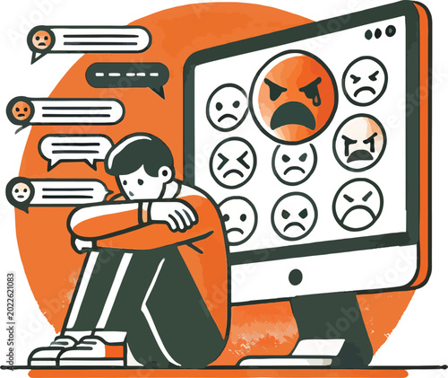 Tableau sur toile Sad boy overwhelmed by negative online comments and emojis