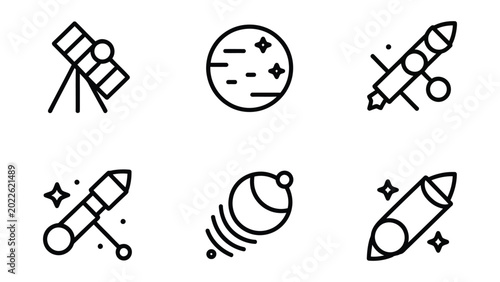 Foto Space icons including telescope rocket ship planet and satellite in line art sty