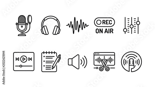 Foto A compilation of line icons representing various elements of podcast creation and audio production, such as microphones, mixers, and editing tools