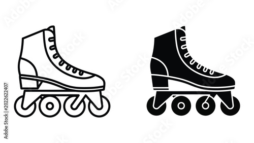 Cuadro en lienzo Black and white rollerblades icon set with four wheels