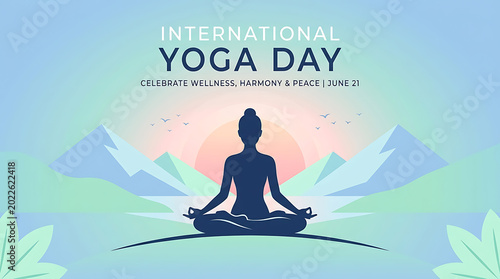 International yoga day silhouette woman meditating peaceful mountains and lake