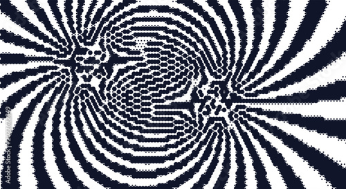 Optical illusion pixelated spiral background. black white distorted lines, psychedelic star burst vortex, halftone noise. for hypnotic techno album covers, rave. seamless vector graphic.