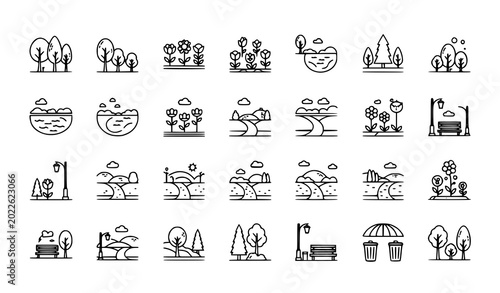 Fotografi A modern park tree icon set featuring minimal linear vector icons with editable strokes
