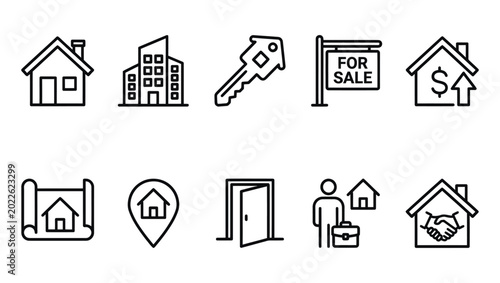 A comprehensive set of line icons illustrating key aspects of the real estate industry and property transactions.