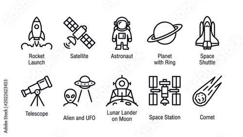 Obraz na plátně A comprehensive set of icons representing space exploration, from rocket launches to celestial bodies and alien encounters