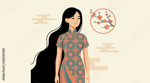 Foto Woman in traditional dress with long hair.