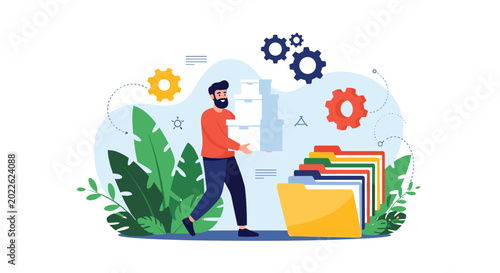 Office worker organizes physical and digital files by carrying boxes past large folders and management gears.