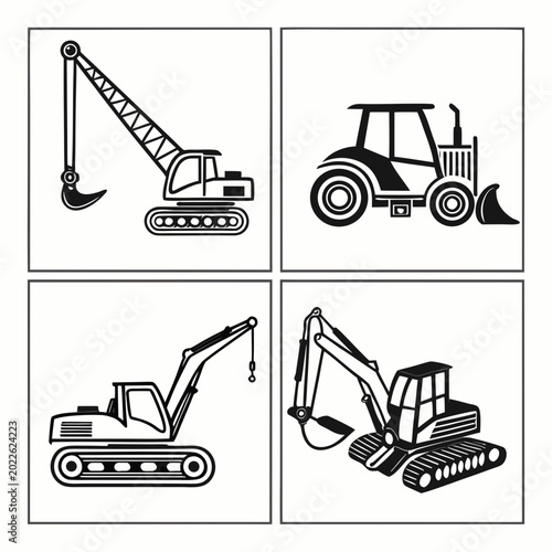 Four different types of heavy construction machinery in black and white
