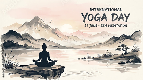 International yoga day meditation in serene mountain landscape with lotus positi