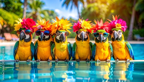 Group of Colorful Macaw Parrots Wearing Sunglasses Relaxing at the Edge of a Tropical Swimming Pool