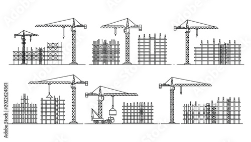Photos Crane build site frame scaffold urban lift tools vector illustration set for des