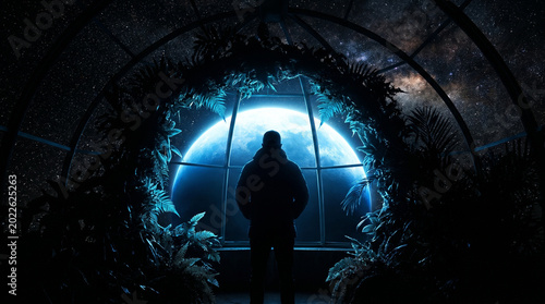 Silhouetted figure in a lunar base greenhouse observing plant growth with Earth in the background, illuminated by ethereal blue light