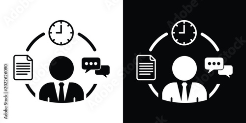 Obraz na plátne Businessman icon surrounded by a clock, a document, and chat bubbles, representing efficient time management, project workflows, communication, and multitasking