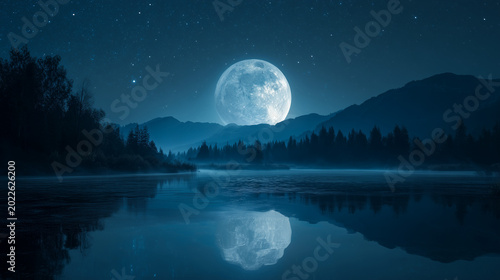 A serene night landscape with a full moon reflecting on a tranquil lake surrounded by mountains