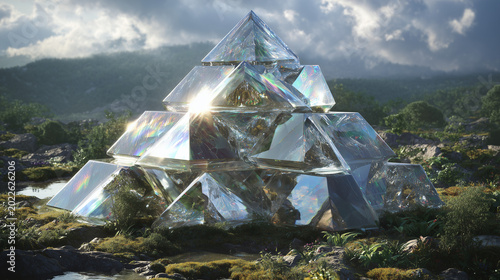 Crystal pyramid structure in a lush landscape with sunlight reflecting off the surfaces nearby the water