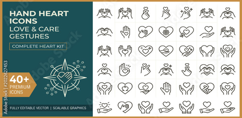 Collection of hand heart icons, love and care gestures, and human connection symbols, depicting affection, support, and kindness in outlined vector art