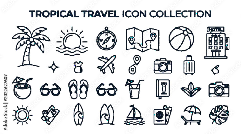 Fototapeta premium Travel season icon collection, monoline vector icons, tropical vacation elements, palm tree, sun, map, compass, hotel, beach ball, clean outline style, white background