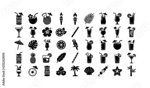 Tableau sur toile Black tropical cocktail silhouette icon set with tiki drinks umbrellas fruit gar