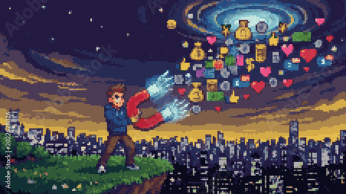 Pixel art of a man holding a large magnet to attract falling gold coins in a dark server room laboratory