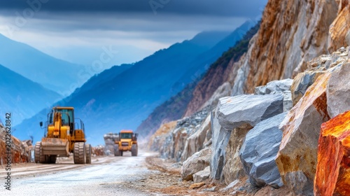 Construction site with heavy machinery working on mountain road under cloudy sky