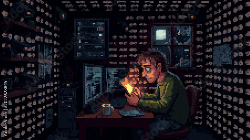 Fotografía Pixel art of a man looking at a glowing smartphone in a dark room filled with su