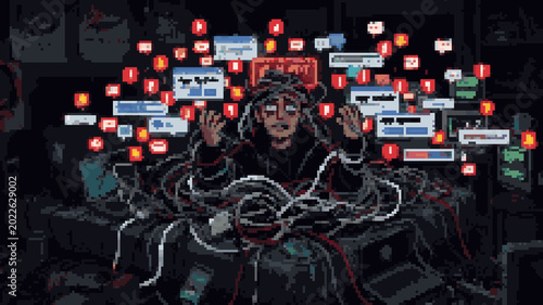 Foto Pixel art of a stressed person overwhelmed by glowing wires and a swarm of socia