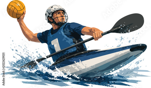 Tableau sur toile Water polo player in kayak with ball sport male