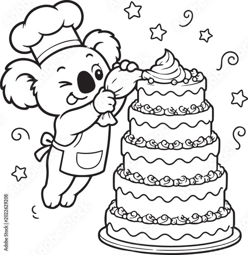 Canvas Print Vector koala chef decorating cake, cartoon illustration, black and white, colori