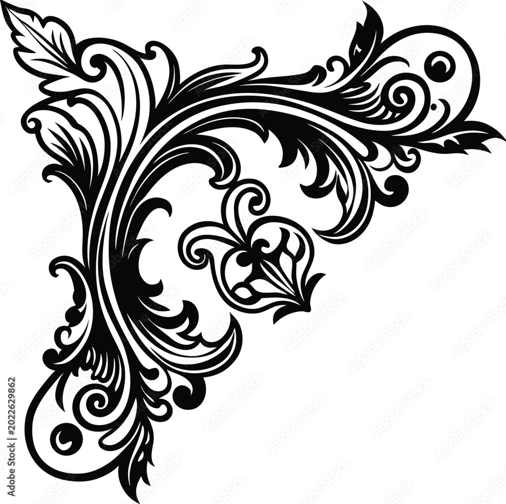 Fototapeta premium Victorian corner ornament with elegant baroque scrollwork decorative style Vector Design