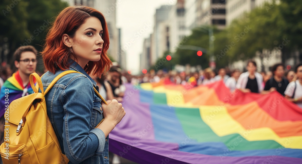 Obraz premium Young woman with auburn hair wearing a denim jacket and yellow backpack at a pride parade, holding a rainbow flag symbolizing diversity and equality