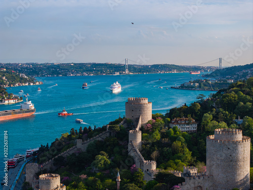 Rumeli Fortress (Rumelihisarı) and Cruise Drone Photo, Sariyer Istanbul, Turkiye (Turkey)