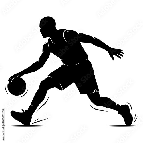 Foto Male basketball dodge dribble silhouette side view, player leaning low with ball