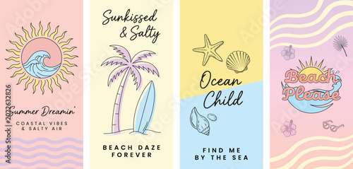 Фотография Set of four summer beach themed social media story templates with cute illustrat