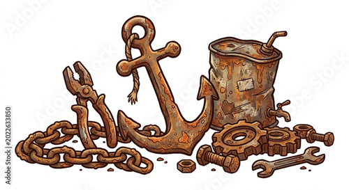 Quadro su tela Rusted Old Anchor and Mechanical Tools Illustration on White Background