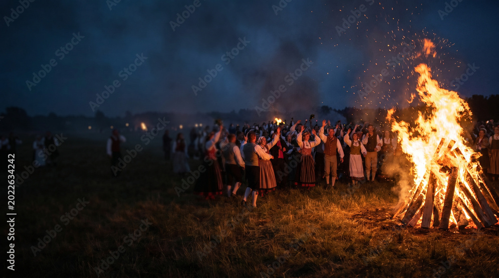 Fototapeta premium Traditional midsummer celebration with a large bonfire illuminating a lively crowd in traditional attire under a dusky evening sky