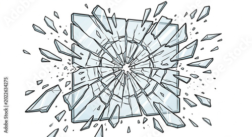Foto Broken Glass Illustration with Flying Shards on White Background