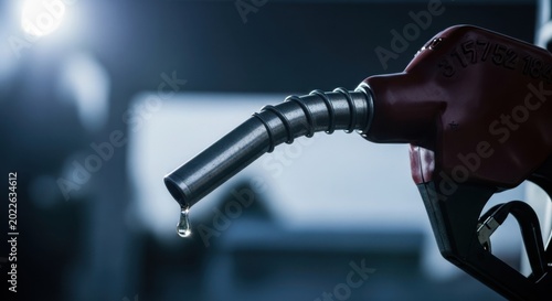Closeup of a gas pump nozzle with a single drop of fuel