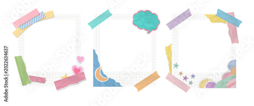 Set of three decorative photo frames with washi tape, torn paper, and cute stickers on grid paper background, isolated on transparent background