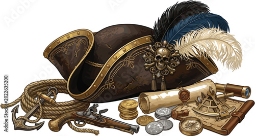Foto Vintage Pirate Treasure Illustration with Classic Tricorn Hat, Flintlock Pistol,