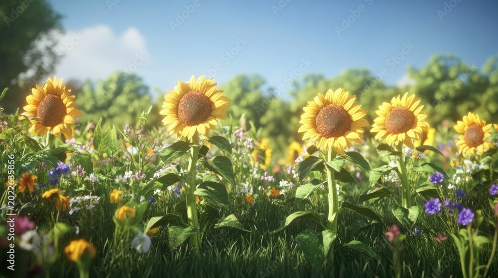 Fototapeta premium Beautiful sunflowers bloom in a vibrant meadow