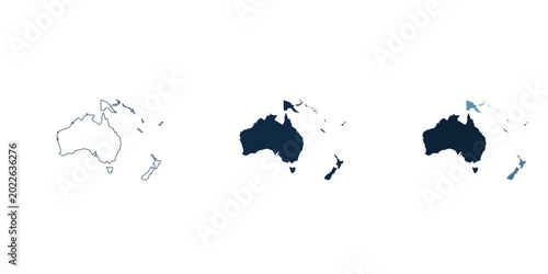 Foto Australia and Oceania Map Set: Outline, Silhouette and Blue Monochrome Infograph