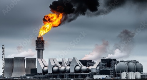 Industrial power plant with large flames and smoke emission on a cloudy day