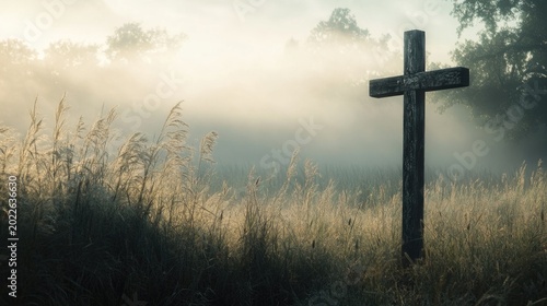 Misty morning scene with a wooden cross in a field