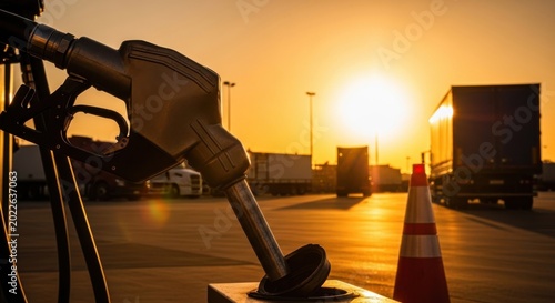 Gas pump nozzle at a truck stop during sunset with traffic cone