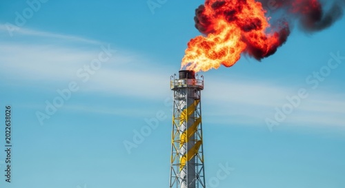 A tall flare stack emitting a large flame and smoke against a blue sky with wispy clouds