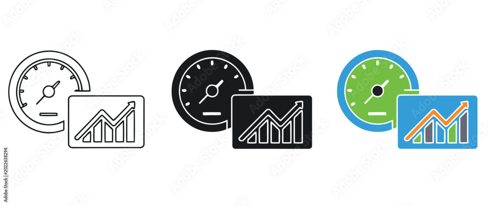 Fototapeta premium Speedometer icons paired with upward trending bar chart graphics