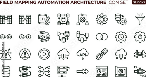 Field Mapping Automation Architecture Icon Set Featuring Data Integration Workflow and System Processing Concepts