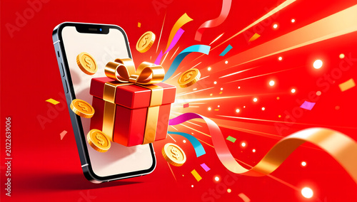 618 shopping festival carnival with gifts popping up from smartphone